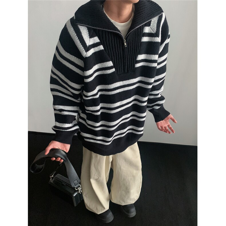 立领半拉链条纹毛衣男款秋冬季潮宽松休闲针织毛线衣M6005-特P50图片