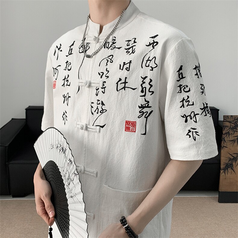 现货！新款书法刺绣复古盘扣五分袖立领开衫衬衫男T2881-P65,男装T恤,电商A021
