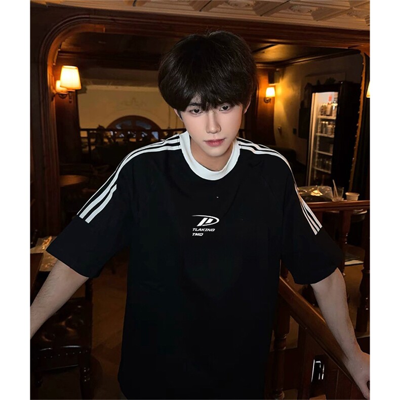抖音得物供货240克宽松纯棉美式潮牌印花三杠半织带短袖T恤AT1611,男装T恤,电商A443