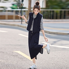 牛仔马甲半身裙套装女2026新款早春一整套穿搭条纹上衣裙子三件套，女装套装/套裙，丽影随形