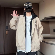 现货2026春秋款潮男假两件连帽皮衣夹克外套A436-D216-P80，男装夹克，电商A436
