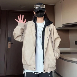 现货2026春秋款潮男假两件连帽皮衣夹克外套 A436-D216-P80图片