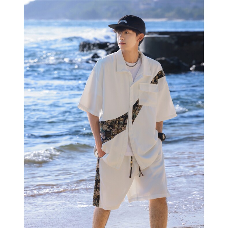 1小熊短袖衬衫男+短裤大码情侣套装92%聚酯纤维8%氨纶TZ77057P70，男装衬衫，星座226-2