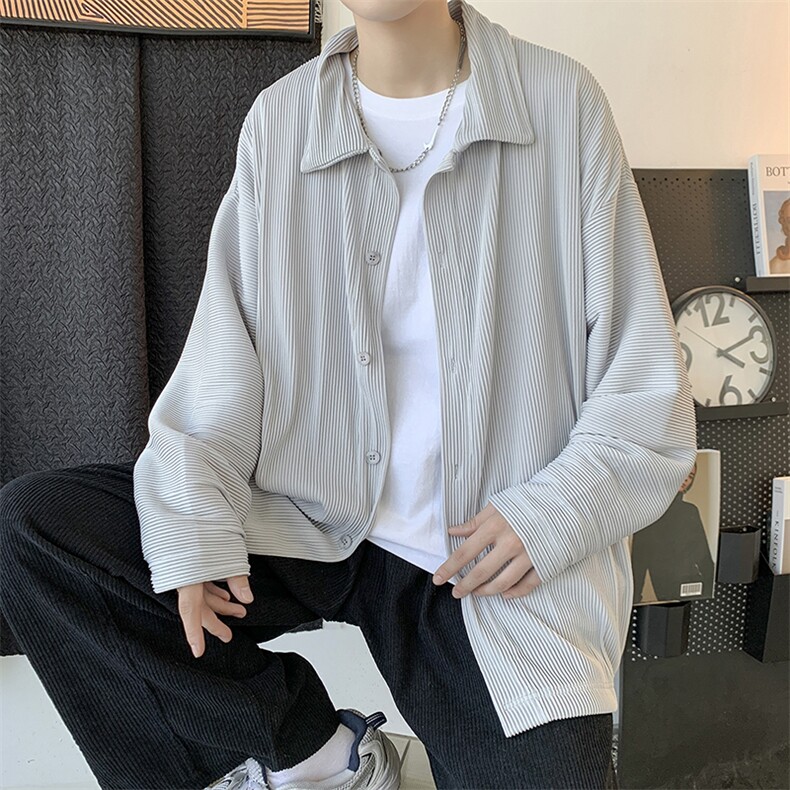 春季中性港风褶皱纯色宽松长袖衬衫男女情侣外套ins潮H208/P55,男装衬衫,钱塘713