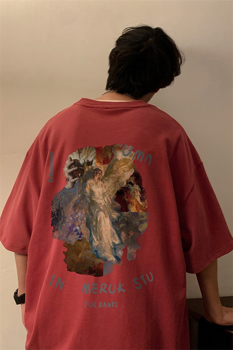 XT1053-TP25控价38油画印花短袖t恤男2023夏季复古宽松T恤,男装T恤,电商A102-1