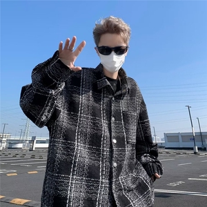 小香风翻领格子衬衫外套男秋季新款百搭宽松休闲高级感衬衣男生图片