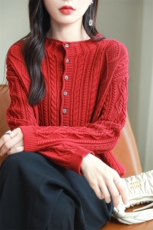 复古麻花纯棉线针织开衫女秋冬宽松大码全棉加厚半高领毛衣外套，女装针织衫/毛衣，品高羊绒