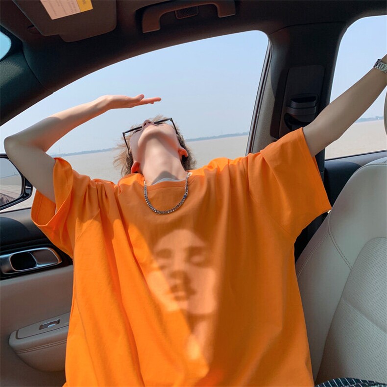 橘橙色字母印花t恤阳光干净男生穿搭纯棉短袖美式hiphop重磅半袖,男装T恤,电商B316
