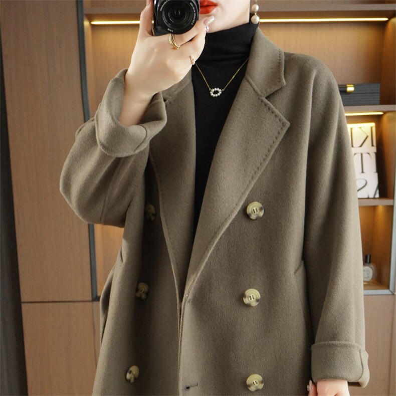 时尚百搭女士羊毛大衣秋冬保暖显瘦纯色简约外套,女装双面呢大衣,赛欧妮