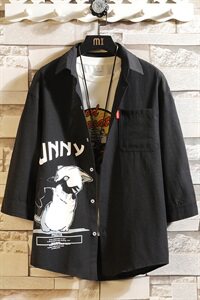 2021夏季新款日系白砖墙大码男猫咪印花宽松七分袖衬衫C3005-P45图片