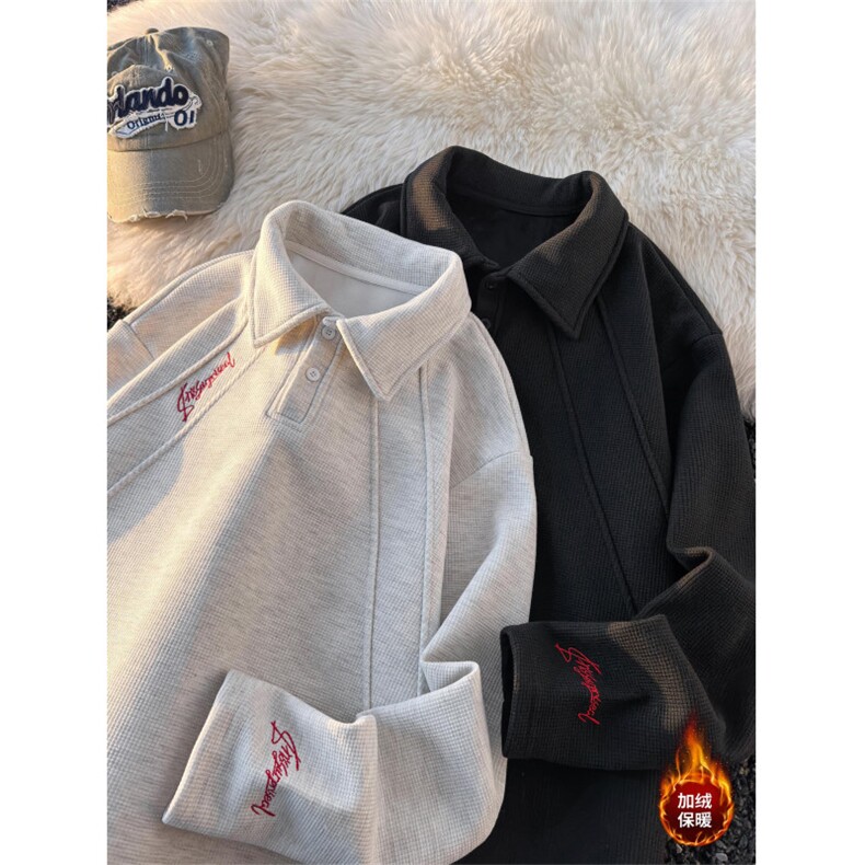 新款华夫格加绒绣花POLO衫，A061-AT01839JR-特P45-平铺图，男装Polo衫，电商A061