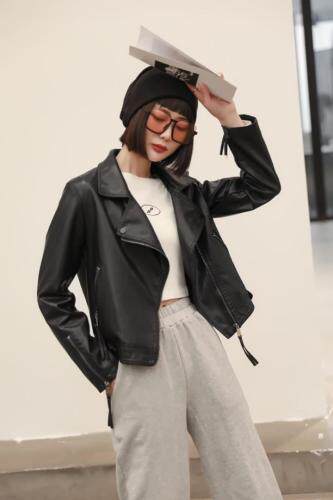 现货春季新款斜拉链两色皮衣，女装皮衣，C&B