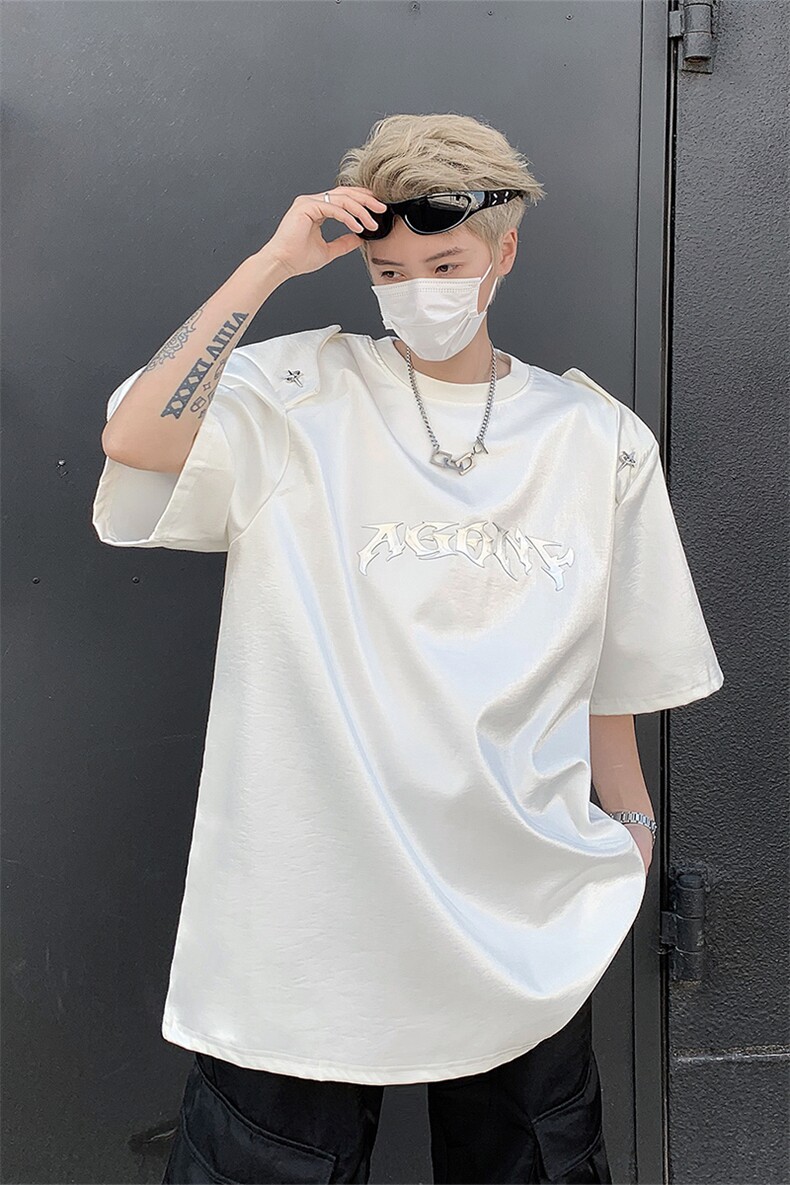 小众解构拼接亮面垫肩短袖t恤24夏设计感上衣XZ514-2-202410-P68,男装T恤,星座514-2(原B239)