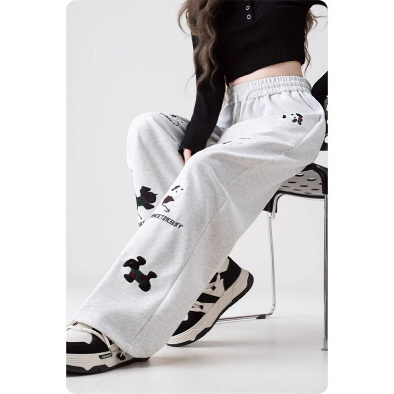 AK2393-p50白灰色抽绳小狗刺绣休闲裤女春季新款宽松直筒阔腿裤子,女装休闲裤,星座617A-2