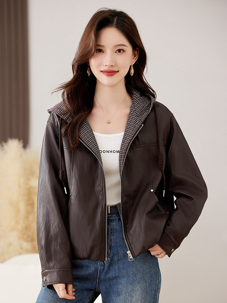 宽松洋气短款皮衣外套女2025秋新款高级感小个子连帽pu皮夹克,女装皮衣,仁梯