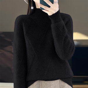 七针加厚半高领菱形斜纹女士羊毛衫图片