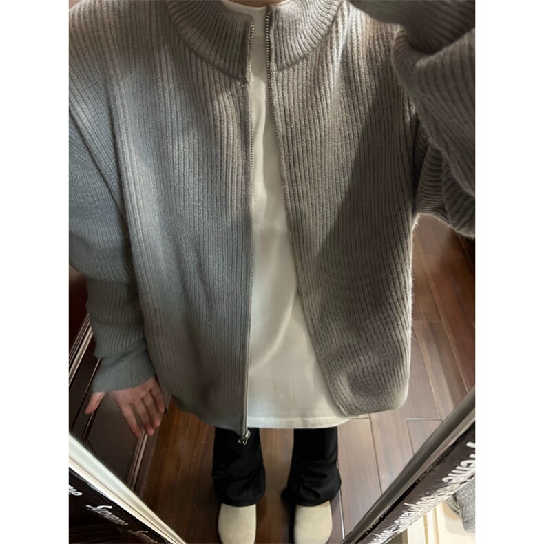 灰色开衫毛衣双开拉链开衫薄款针织衫纯色外套1213-M2425-P55,男装针织衫/毛衣,星座1213