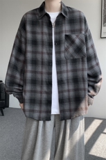 衬衫男春季新款港风宽松大码磨毛格子长袖衬衣CS6639-P35，男装衬衫，星座214-3
