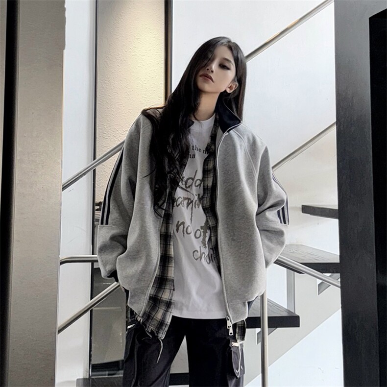 抖音得物高品质美式高街重磅结构设计拼接织带立领卫衣外套CM42，女装短外套，电商A486-1