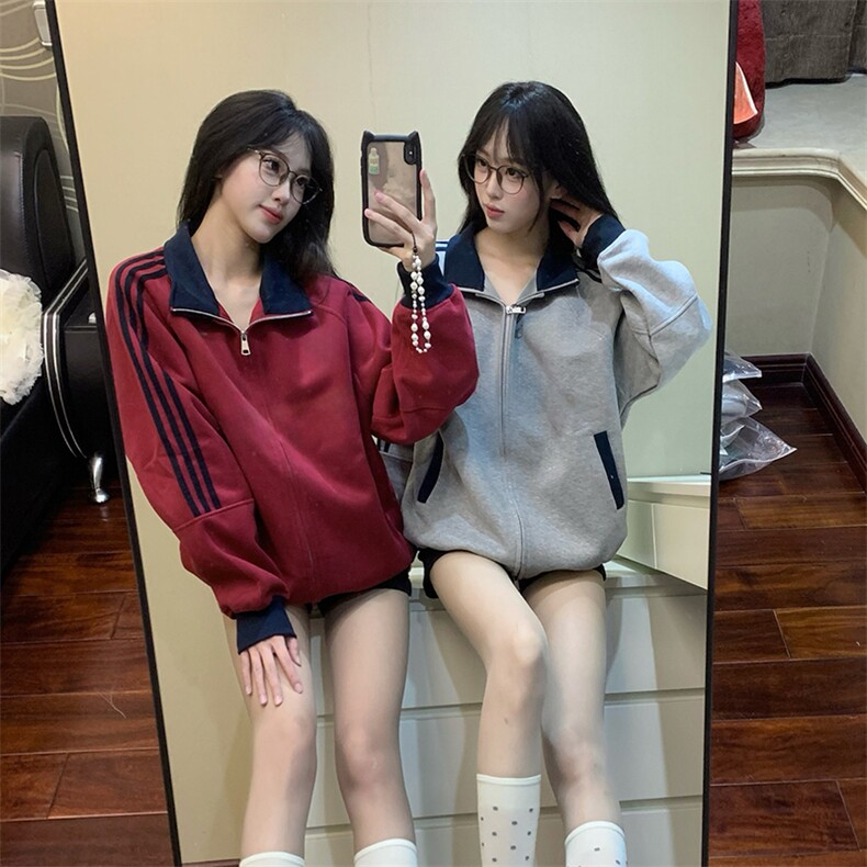 抖音得物高品质美式高街重磅结构设计拼接织带立领卫衣外套CM42,女装短外套,电商A486-1