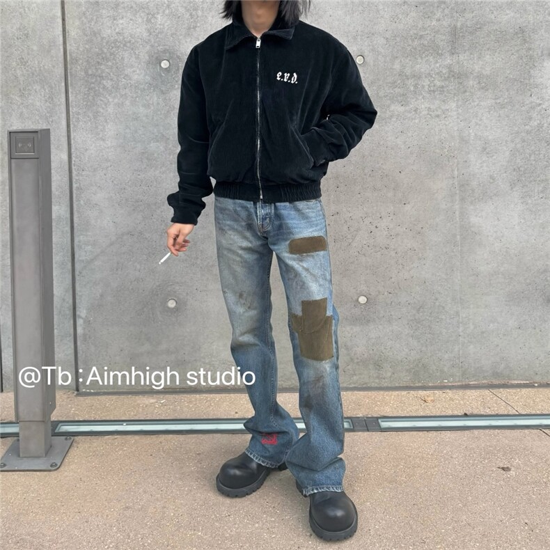 ERD忧郁的富二代贴布拼接丝绒灼烧修长洗水刀割破坏微喇牛仔裤,男装牛仔裤,四季星座505