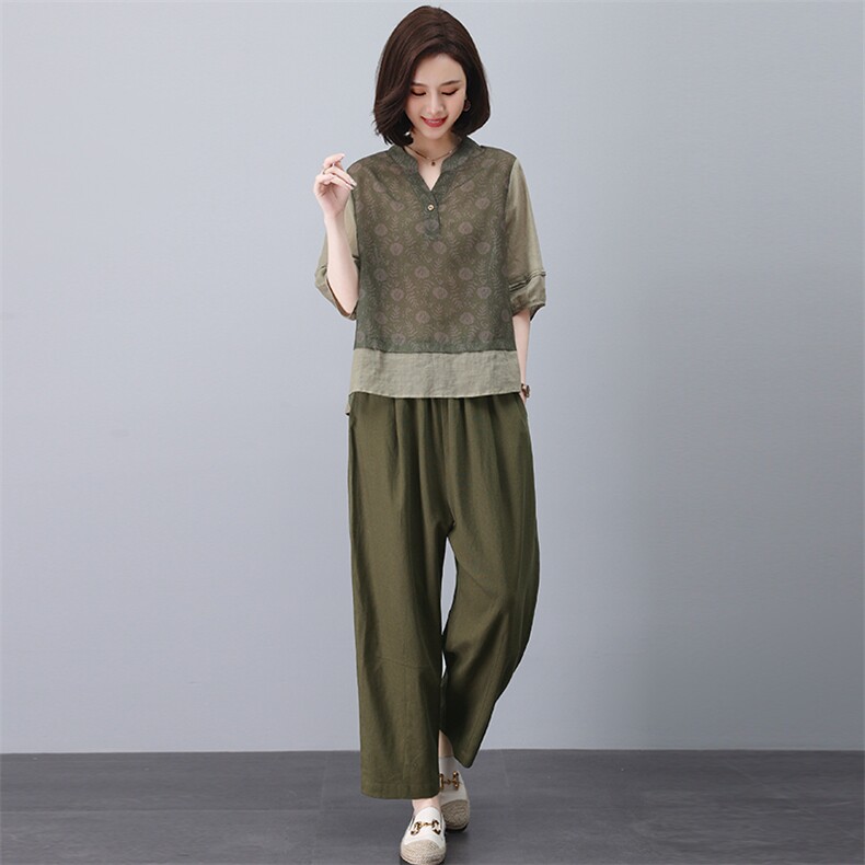 苎麻休闲套装女夏2025新款大码中年妈妈小个子洋气减龄棉麻两件套,女装套装/套裙,忆绮罗