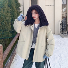羊羔毛大翻领连帽工装派克服女中长款2025冬季90白鸭绒加厚羽绒服，女装羽绒服，2C159