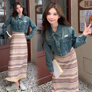 2024年新款韩系穿搭牛仔外套针织吊带裙两件套图片
