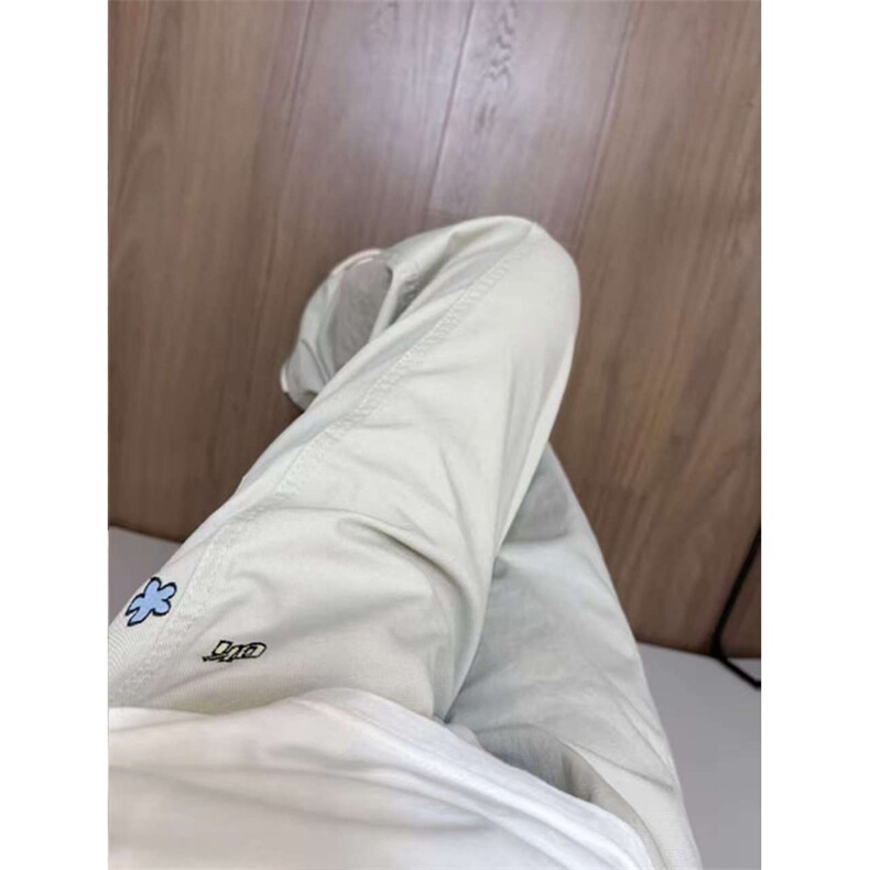 卡通刺绣米白色牛仔裤男款美式高街弯刀裤子高个子加长高腰微喇裤,男装牛仔裤,星座610A