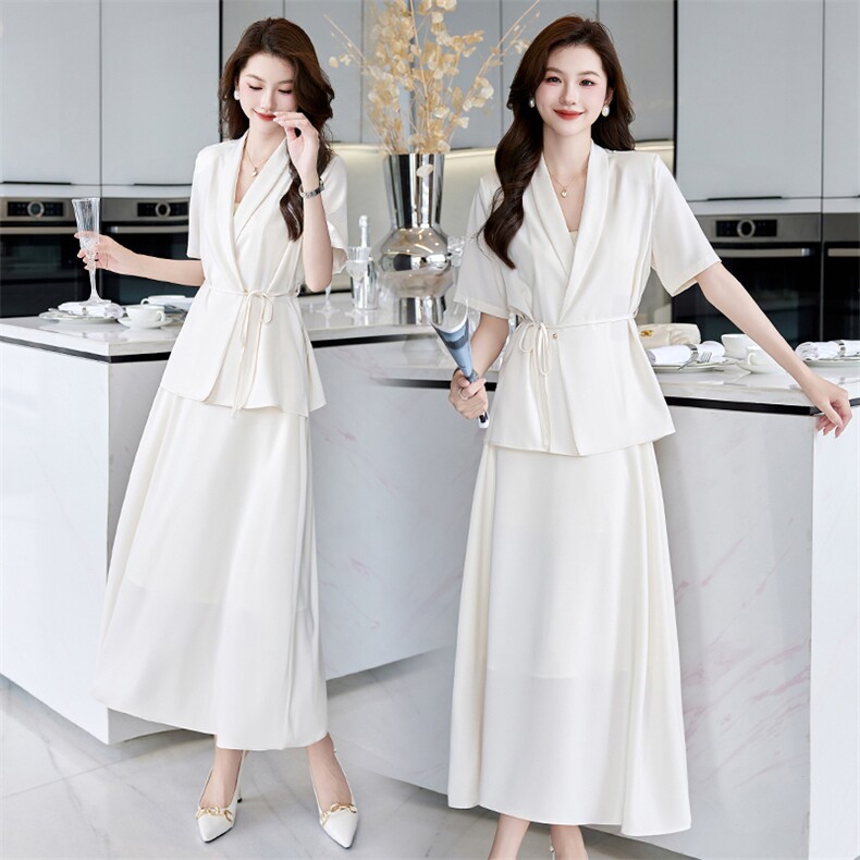 2024年夏装西装领系带洋气减龄衬衣百搭显瘦A字摆半身裙套装，女装套装/套裙，卡杰菲