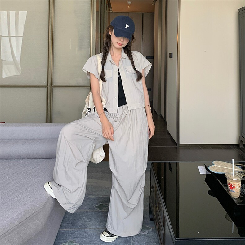 高级感炸街甜酷工装短袖套装女2025夏季新款时尚拖地阔腿裤两件套,女装套装/套裙,纯色衣恋