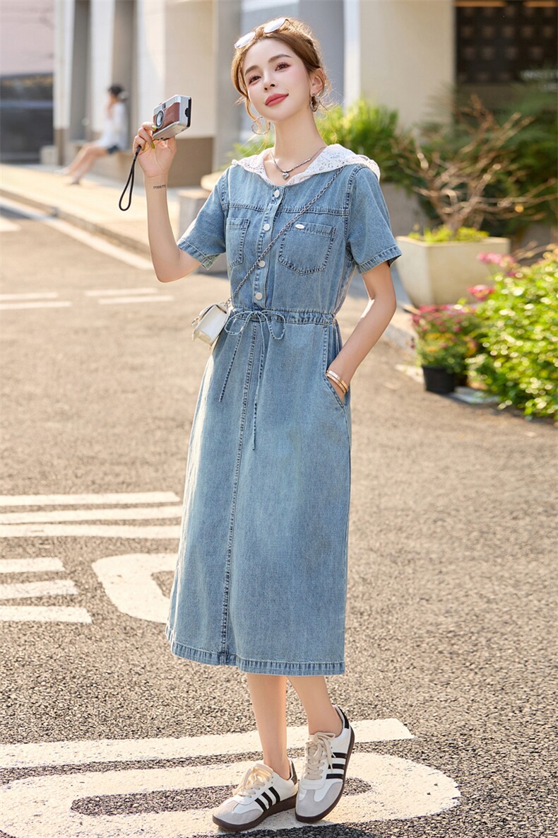 法式复古蕾丝牛仔连衣裙女夏季2025新款宽松收腰显瘦减龄中长裙子,女装连衣裙,瑶迪依秀