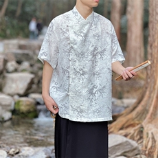 24夏季新款新中式竹叶提花水墨系短袖上衣棉麻CS35-P65，男装T恤，电商A021