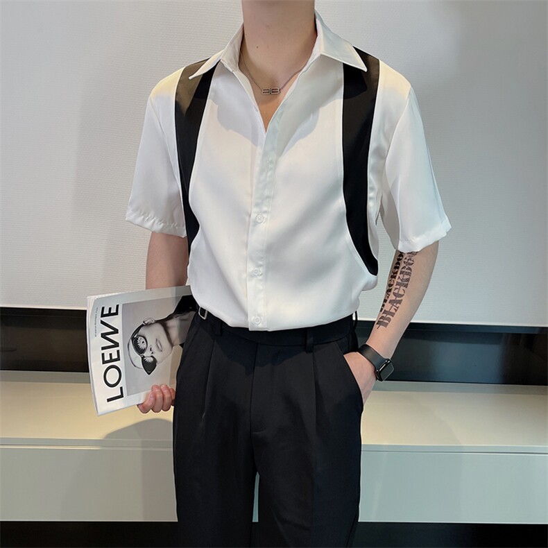 夏季网红痞帅冰凉透气拼接设计短袖衬衫男醋酸衬衣CS815-P65控85图片