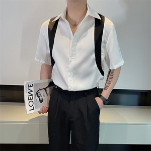 夏季网红痞帅冰凉透气拼接设计短袖衬衫男醋酸衬衣CS815-P65控85图片