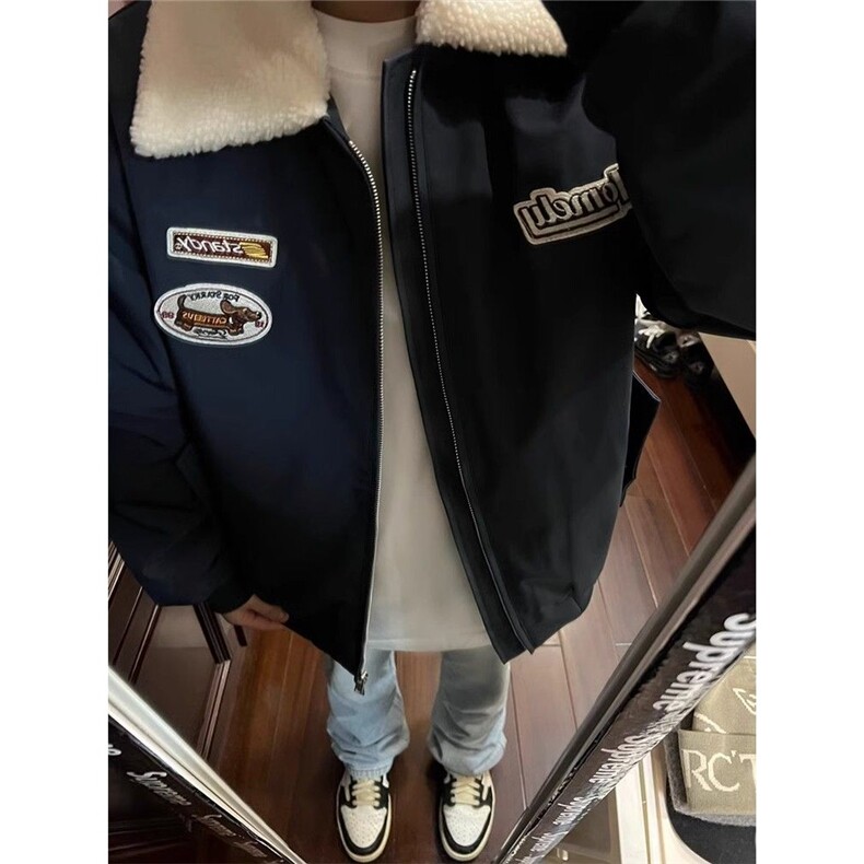 有货DJM801-批85美式复古学院风羊羔绒外套男女毛领棉袄图片