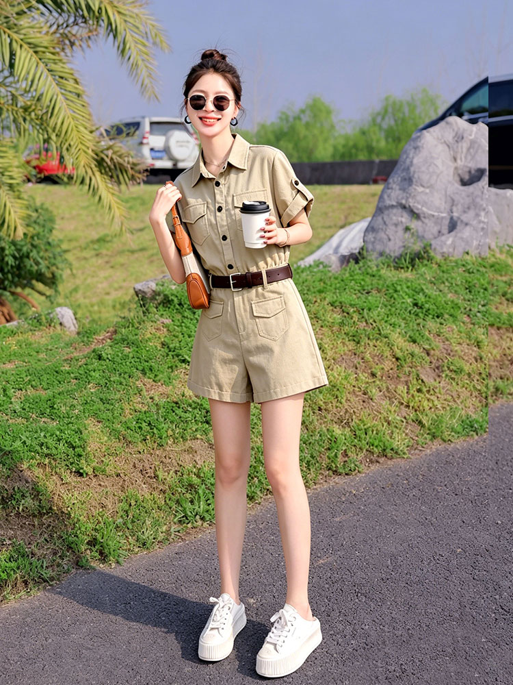 （新款现货）2026夏装时尚莱赛尔天丝棉麻工装连体短裤（配腰带）,女装连体裤,印象茜