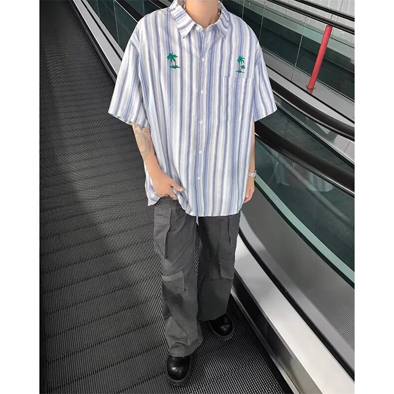 日系刺绣短袖衬衫夏季情侣款竖条纹宽松休闲衬衣男,男装衬衫,星座716-3