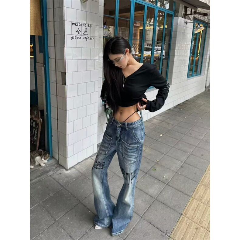 复古蓝美式高街复古牛仔裤男春秋季新款设计感vibe工装直筒阔腿裤,男装牛仔裤,四季星座505