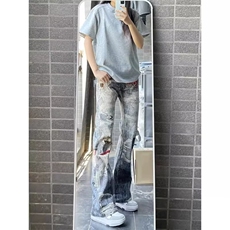 阔腿破洞牛仔裤男女设计小众夏显瘦做旧涂鸦垂感直筒裤AMM103P58，男装牛仔裤，星座1013-5