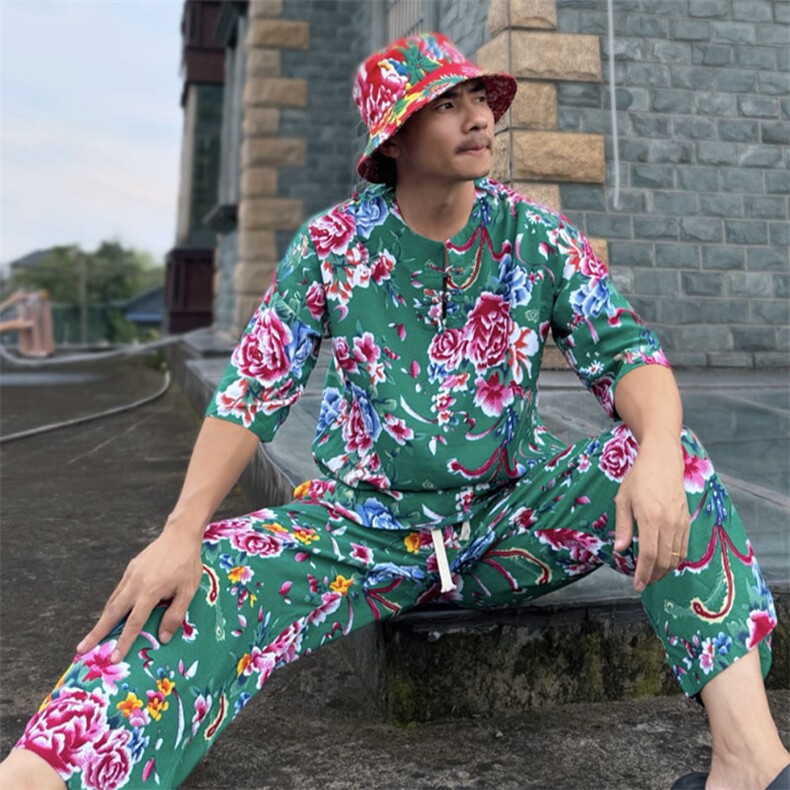 TZ340男士夏秋风大花套装大码宽松凉爽透气个性外套可作睡衣,男装休闲套装,星座115A-2