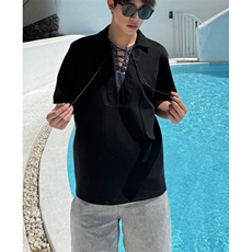 百搭流行拼接系带V领假两件短袖POLO衫男夏季翻领T恤上衣-T3300，男装Polo衫，星座601-1
