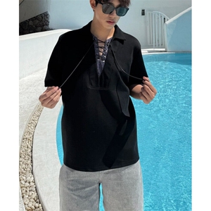 百搭流行拼接系带V领假两件短袖POLO衫男夏季翻领T恤上衣-T3300图片