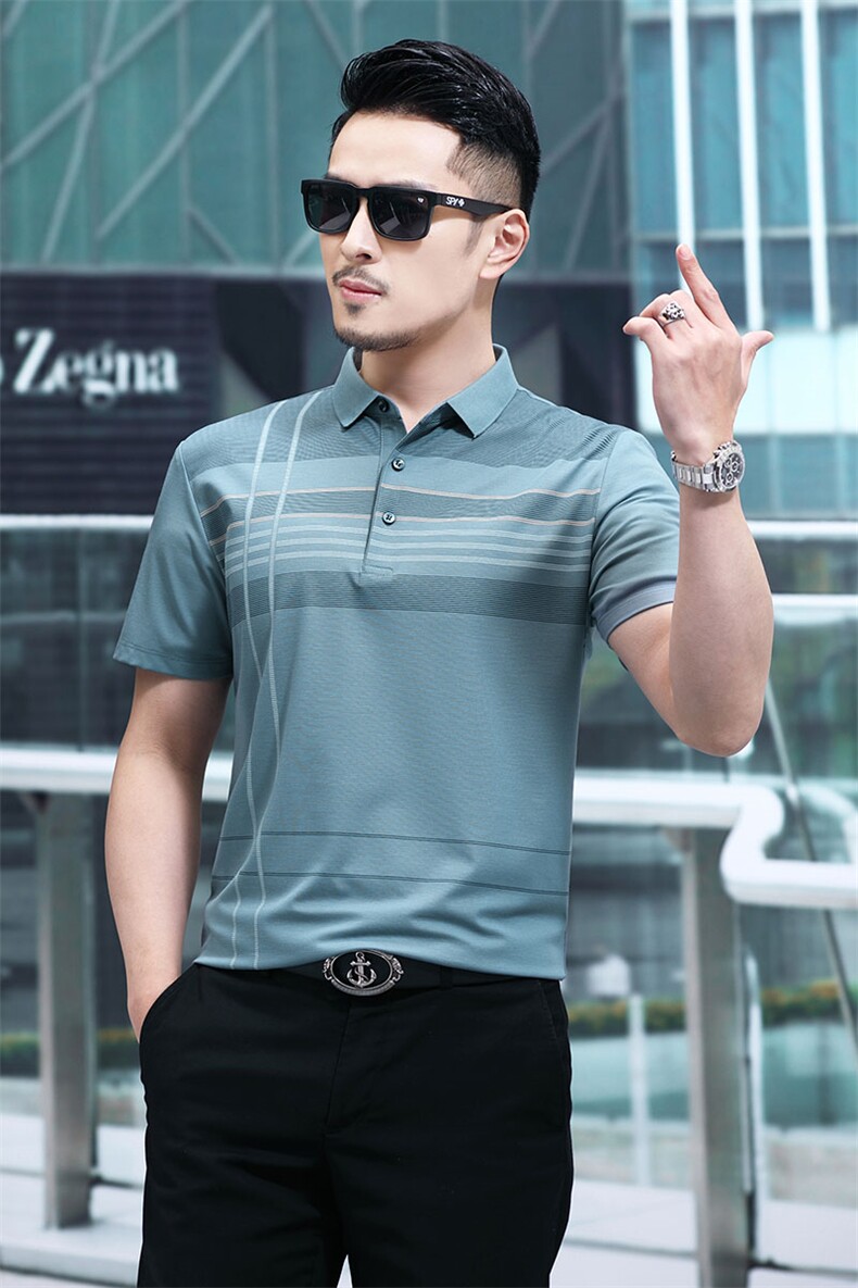 2024新款男士短袖T恤男夏季新款条纹印花polo衫潮流翻领商务装P56,男装T恤,钱塘6003A(原)4033A