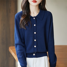 2025百搭时尚简约纽扣开衫圆领短款，女装针织衫/毛衣，长今羊