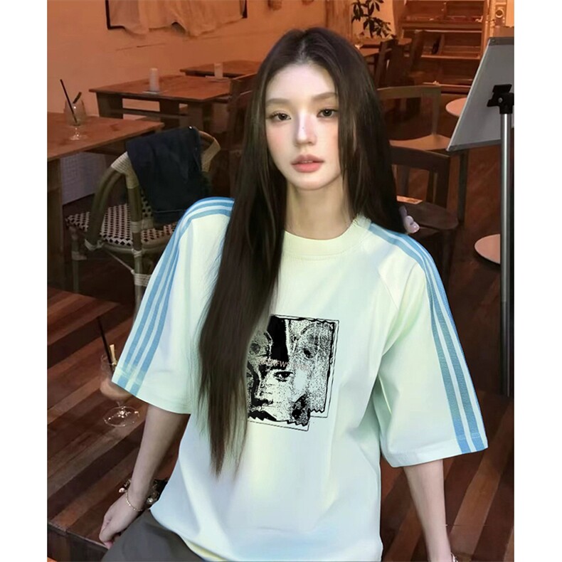 抖音得物品质二开240克宽松纯棉美式潮牌印花三条杠中性风短袖T恤,男装T恤,电商A486