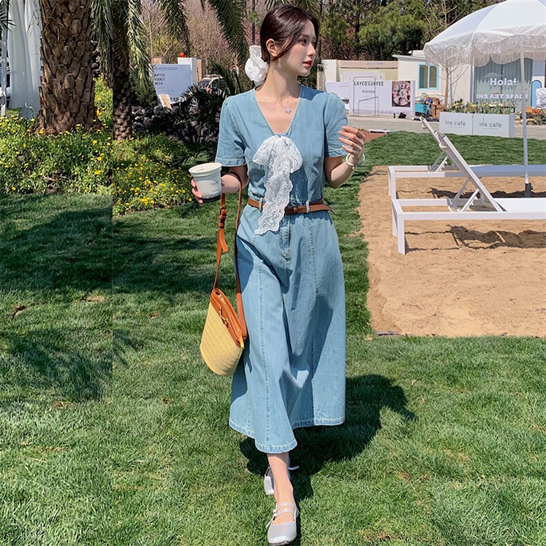 法式减龄蕾丝拼接牛仔连衣裙女夏2025新款高级感收腰显瘦气质长裙,女装连衣裙,蝶眷