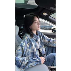 蓝紫色扎染格子衫男高级感长袖格纹衬衣美式复古V3072-TP28不，男装衬衫，电商A102