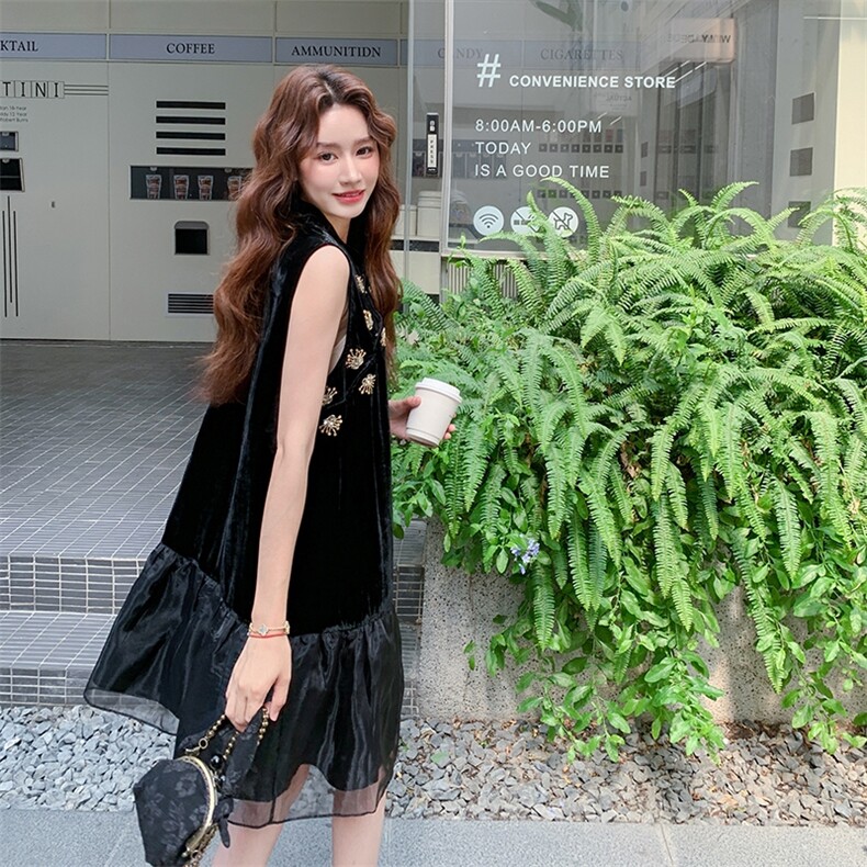 新中式国风无袖丝绒连衣裙女夏薄款好看网纱拼接改良旗袍鱼尾裙子图片