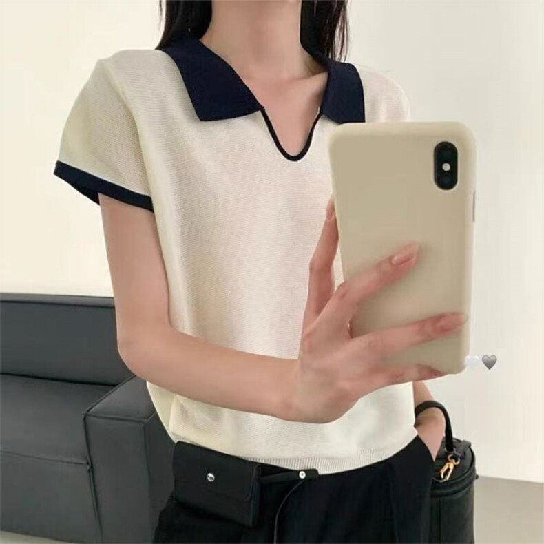 撞色翻领短袖t恤女夏季2205新款打底衫洋气大码女装冰丝针织上衣,针织衫/毛衣,萱芳婷羊绒